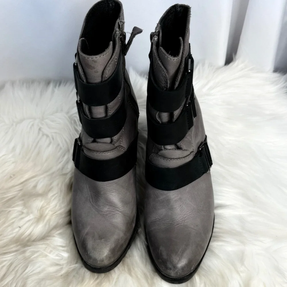 Sorel After Hours Grey Black Buckle Wedge Moto Boots NL2550-052 Womens 7.5